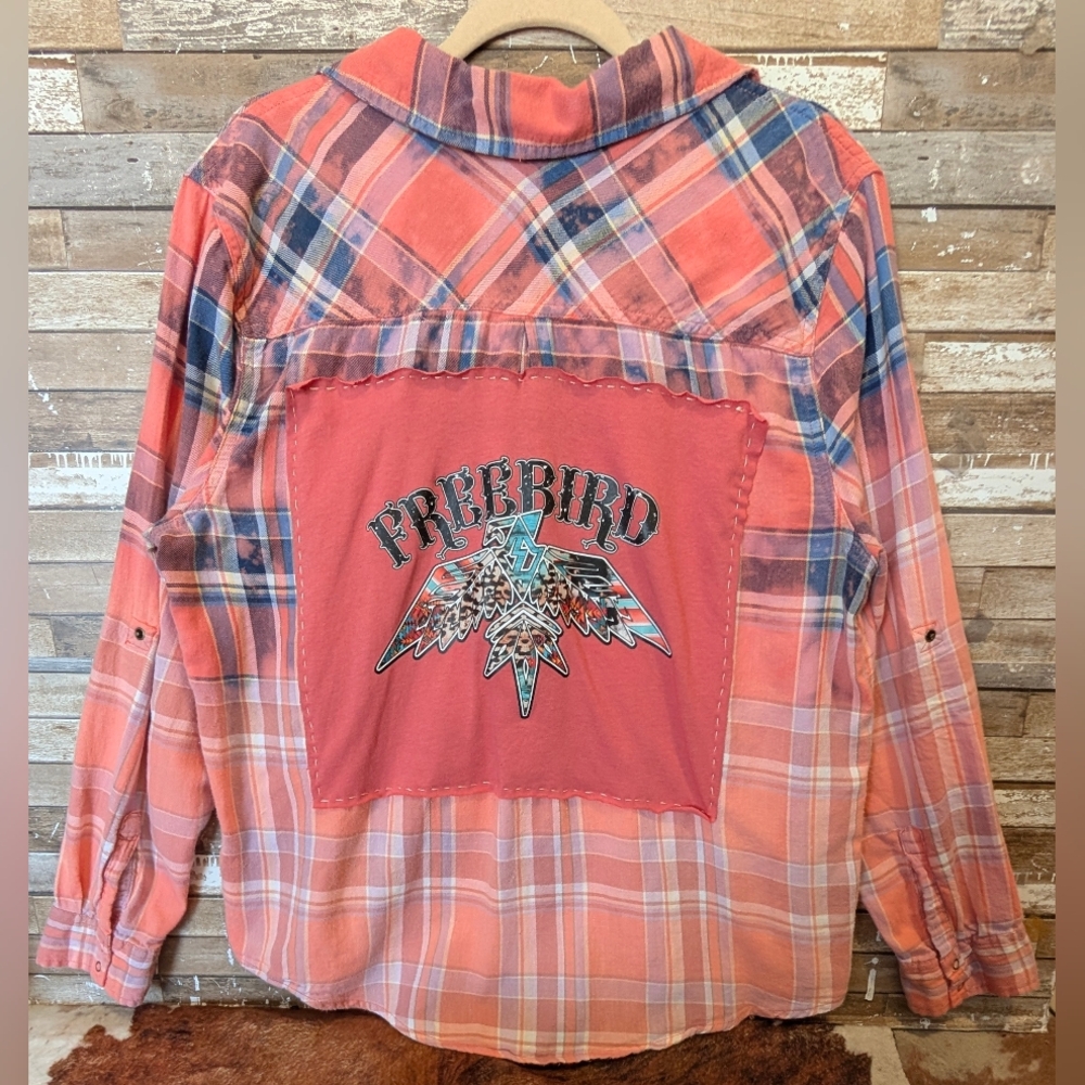 Freebird Graphic Upcycled Dip Dye Bleached Flannel Shirt
